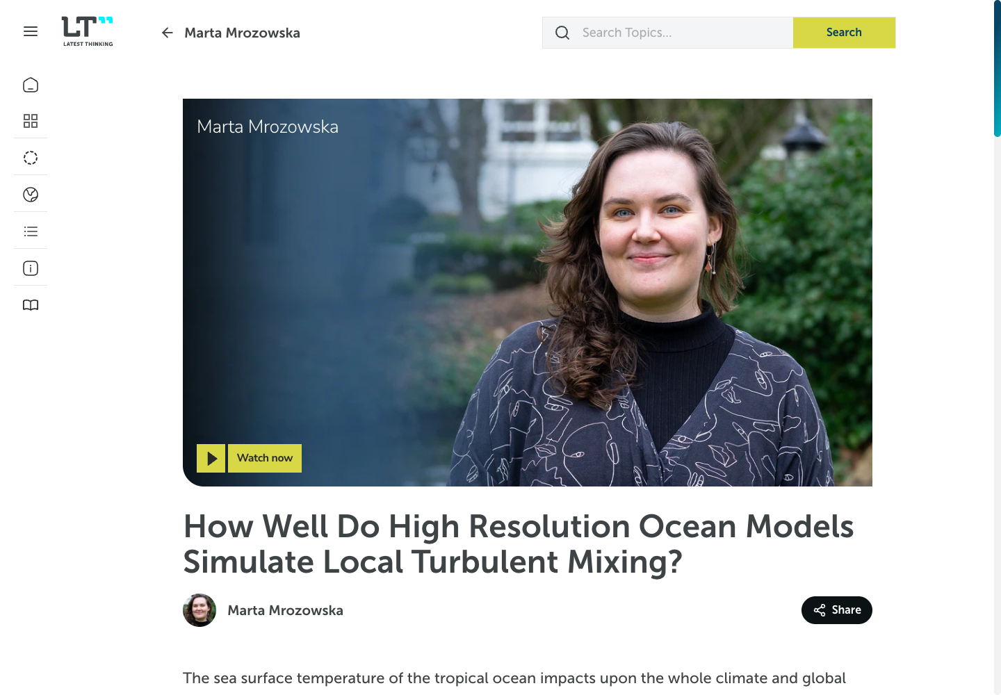 A public Publication Plus page with its researcher, video cover, title and Share action